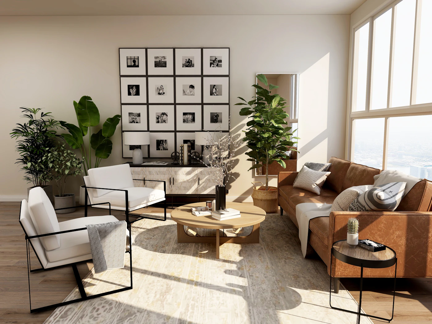 Salón cálido con mobiliario de madera, plantas y luz natural